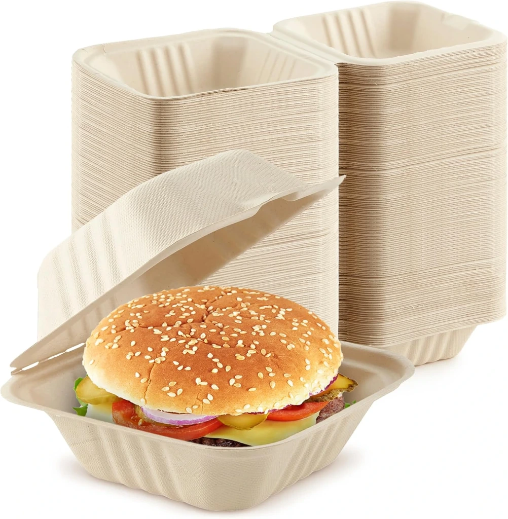 Compostable Clamshell Take Out Food Containers,   𝟲𝘅𝟲", 𝟭00-𝗣𝗮𝗰𝗸