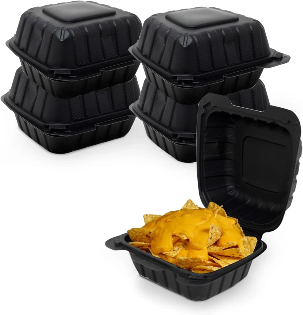 Black Takeout Food Containers - Hinged Clamshell To-Go Boxes - 6"*6"(Pack of 100)