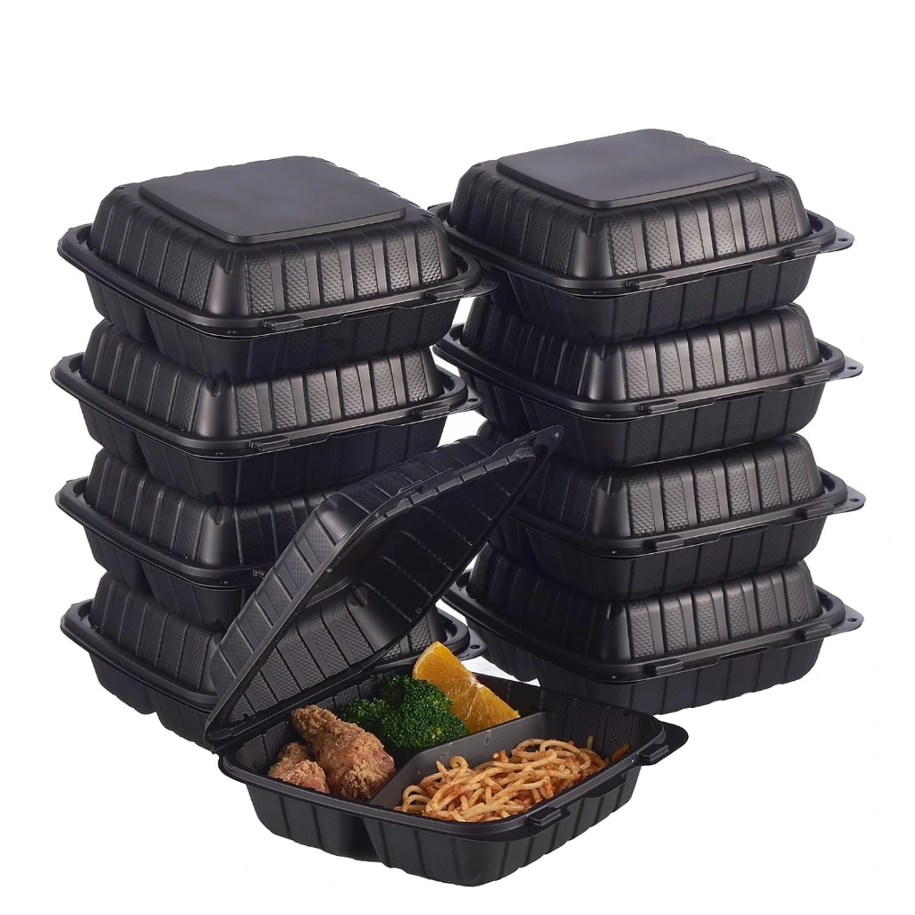 Plastic Clamshell Takeout Food Trays 8X8" 3-Compartment 100-Pack