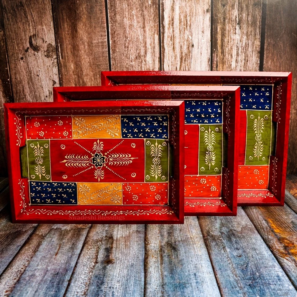Hand-Painted Wooden Serving Tray Set of 3,