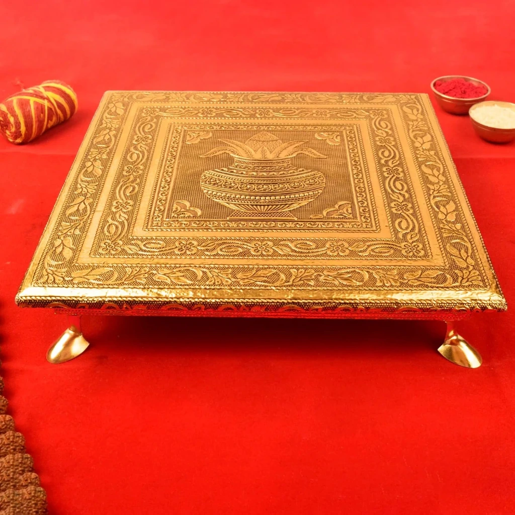 SATVIK 8x8 INCH Wooden Kalash Chowki with Meenakari Design – Traditional Pooja