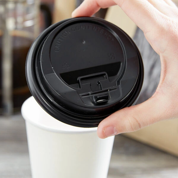 Black Hot Paper Cup Travel Lid with Hinged Tab for 10-24 oz. - 1,000/Case