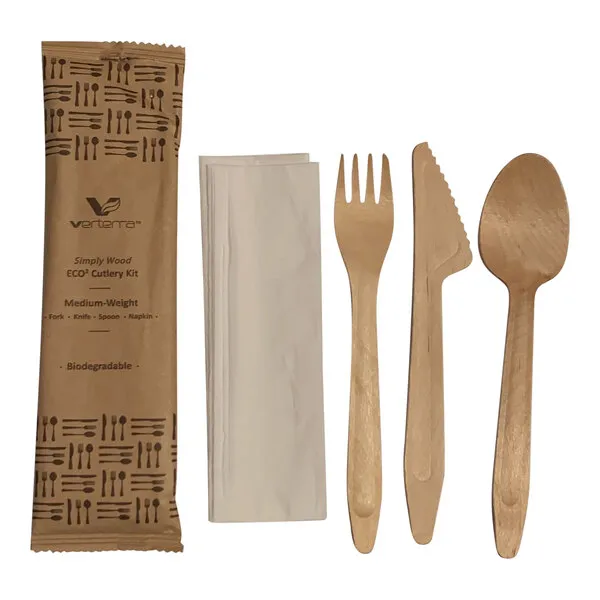 6" Compostable Wooden Cutlery Set with Napkin - 300/Case(100 of each spoon/fork/knife)